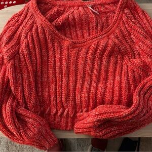 Free People Chunky Ribbed Crewneck Sweater in Bright Red